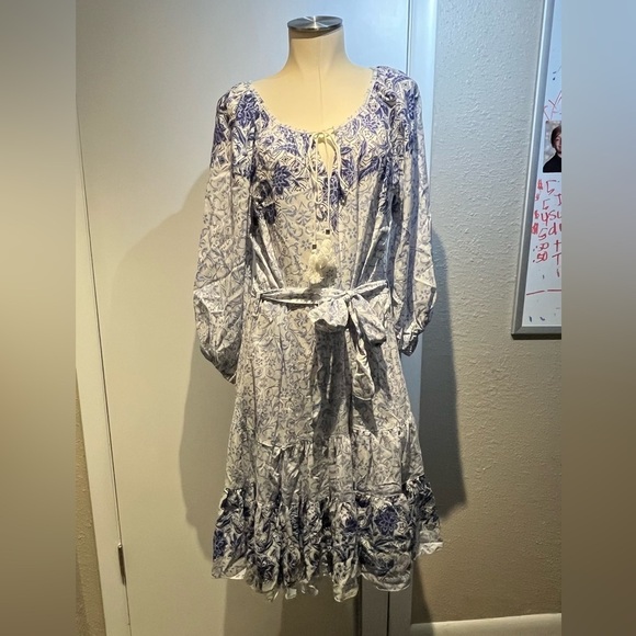 Boho blue dress nwt by nostalgia midi dress belted waist - Picture 1 of 15